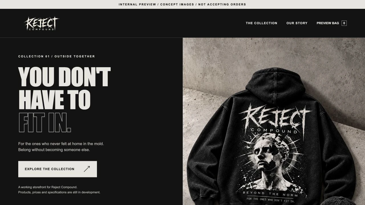 Reject Compound storefront concept preview introducing its streetwear and accessories collection
